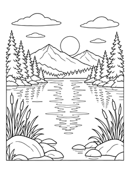 Free printable Mountain Lake Sunset Landscape coloring page