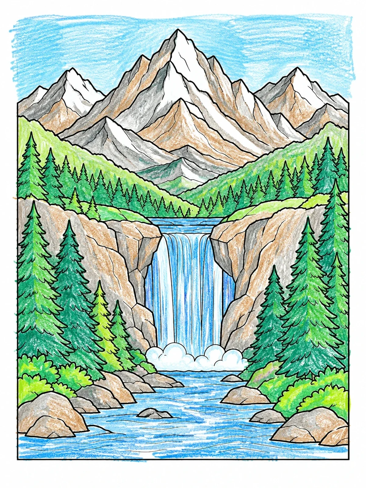 Colored example of the Mountain Landscape With Cascading Waterfall coloring page