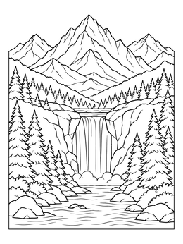 A serene mountain coloring page with pine trees and a rushing waterfall.