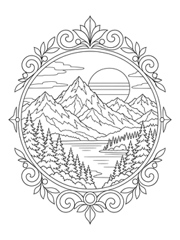 An ornate circular mountain coloring page featuring snowy peaks, pine trees, and a setting sun.