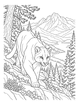 A cougar prowls along a steep ridge in this mountain coloring page with pine trees and peaks.