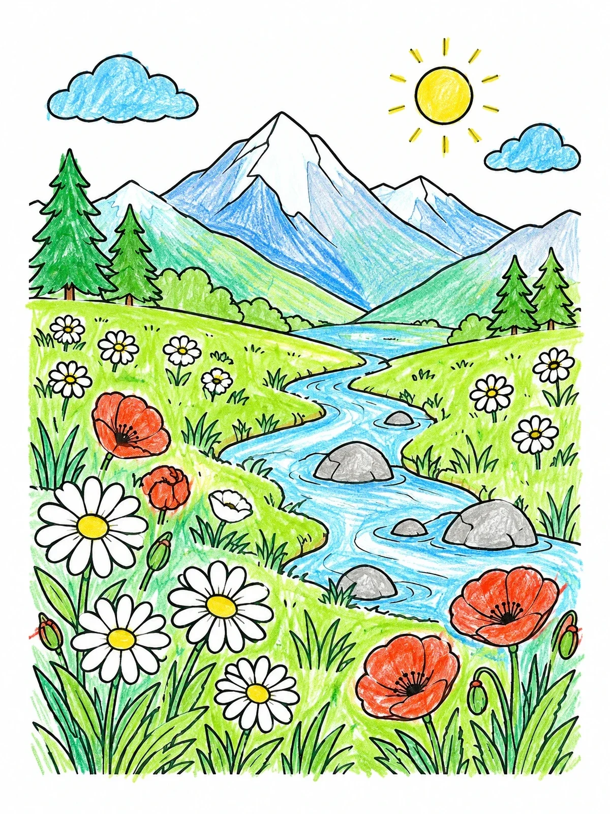 Colored example of the Mountain Meadow With Flowing Stream coloring page