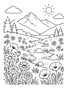 Free printable Mountain Meadow With Flowing Stream coloring page