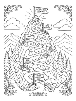 A winding mountain path debt free coloring page marked with progress flags leading to the summit.