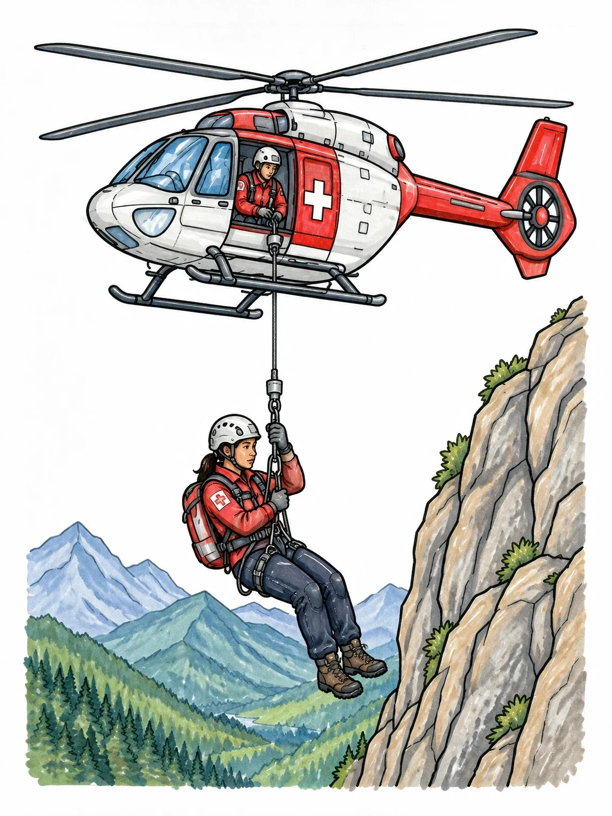 Colored example of the Mountain Rescue Helicopter Mission coloring page