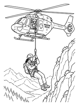 A rescuer winches down from an aircraft in this mountain rescue helicopter coloring page.