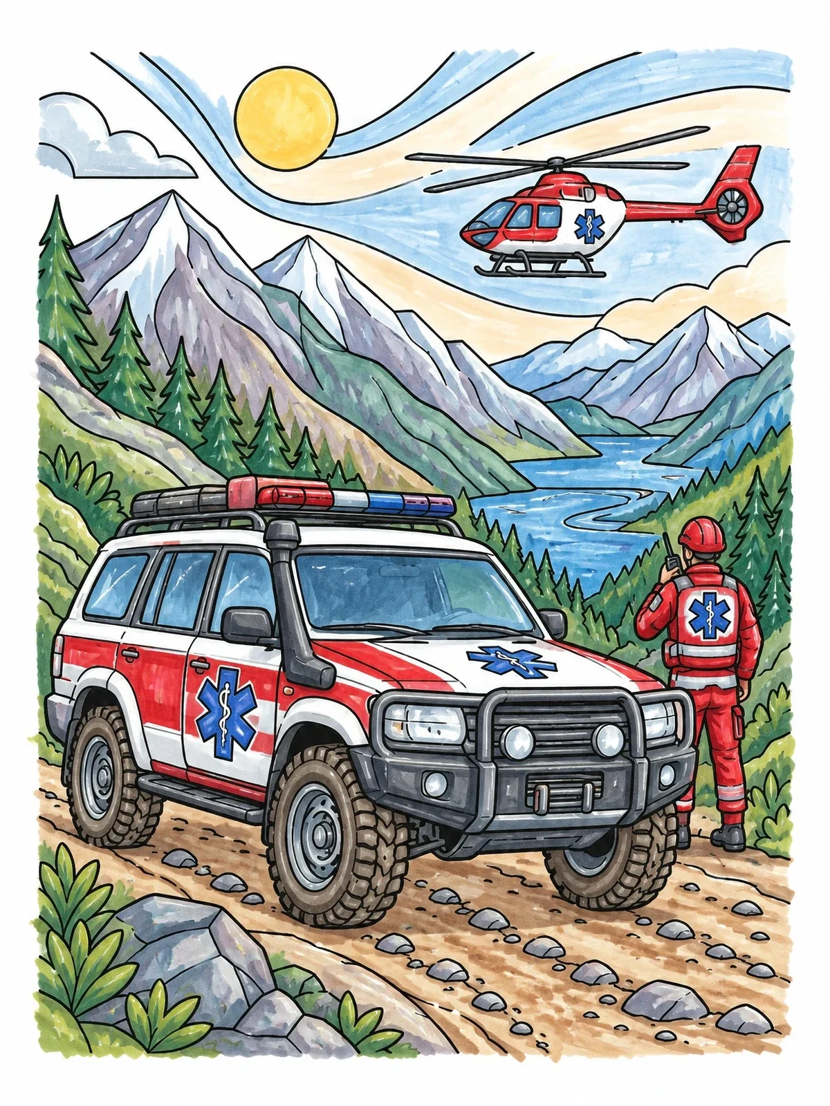 Colored example of the Mountain Rescue Ambulance And Helicopter coloring page