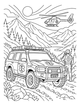 Rugged off-road vehicle and helicopter in a mountain ambulance coloring page scene.