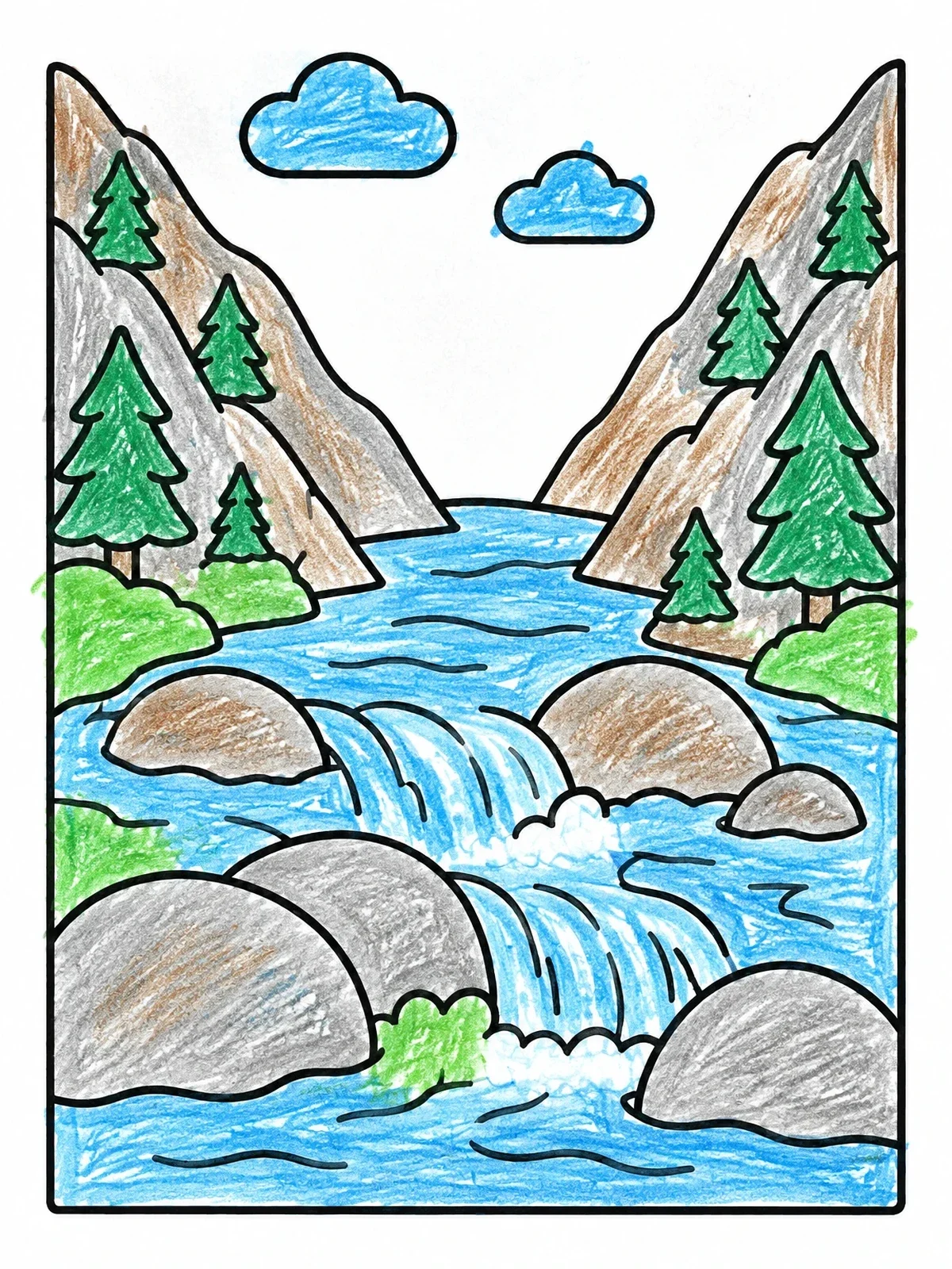 Colored example of the Mountain River And Smooth Boulders coloring page