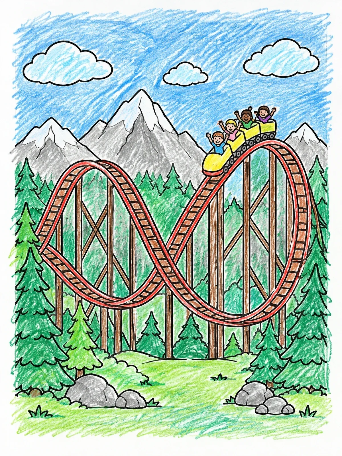 Colored example of the Mountain Roller Coaster Ride coloring page
