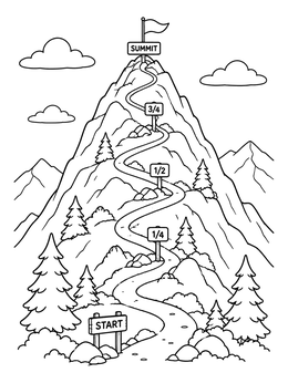 A winding mountain trail featuring milestone signs on a goal setting coloring page.