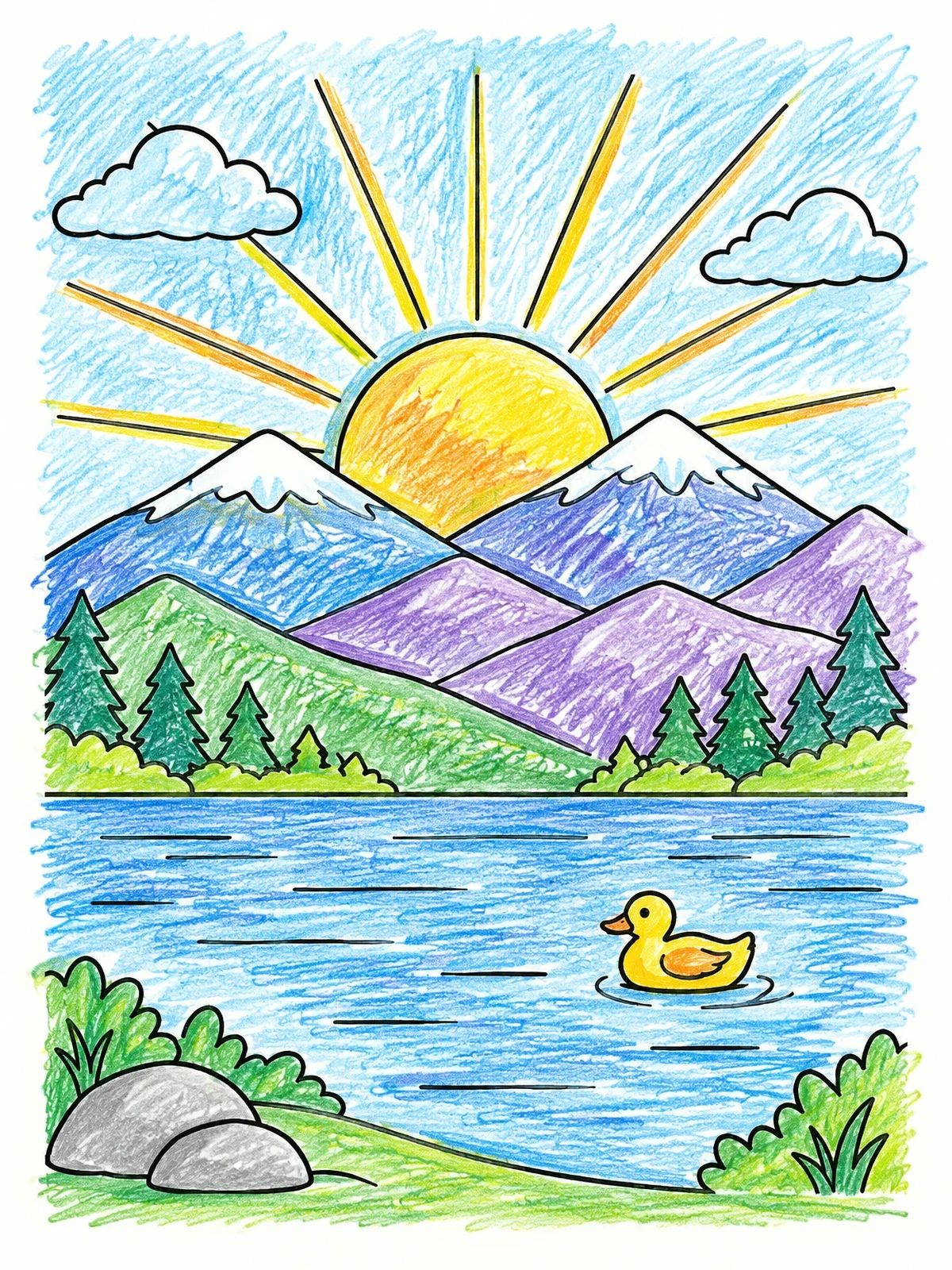 Colored example of the Mountain Sunset With Swimming Duck coloring page