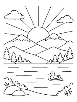 Free printable Mountain Sunset With Swimming Duck coloring page