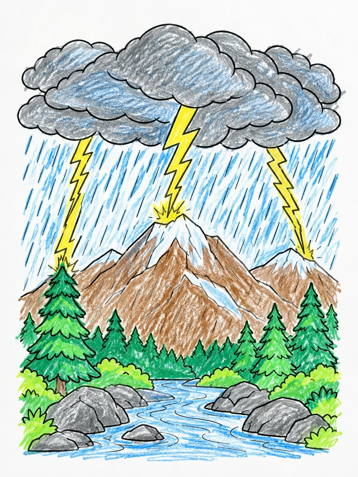 Colored example of the Mountain Thunderstorm And Lightning Strikes coloring page