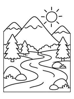 Free printable Mountain Valley With Winding River coloring page