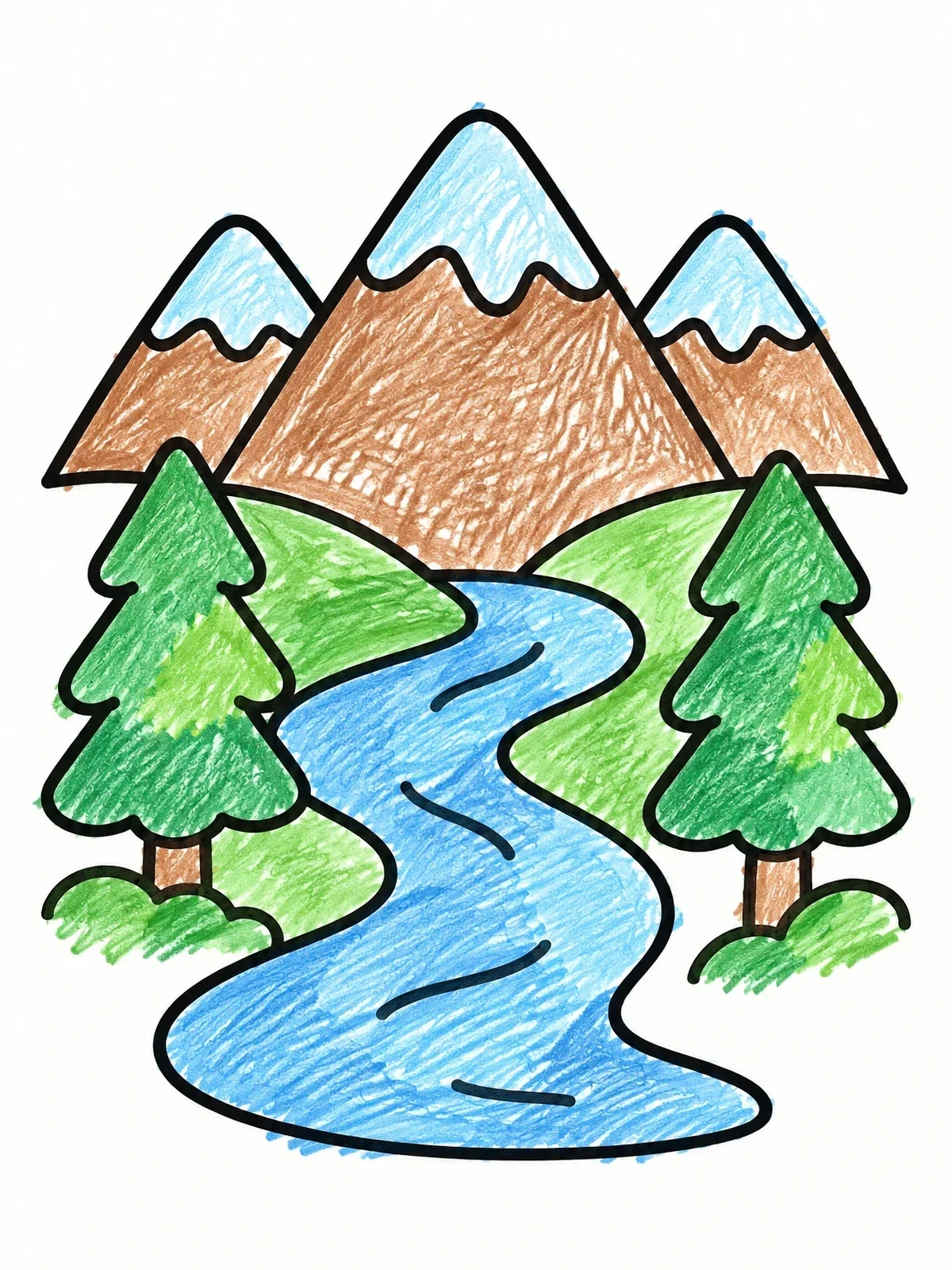 Colored example of the Winding River And Snowy Peaks coloring page
