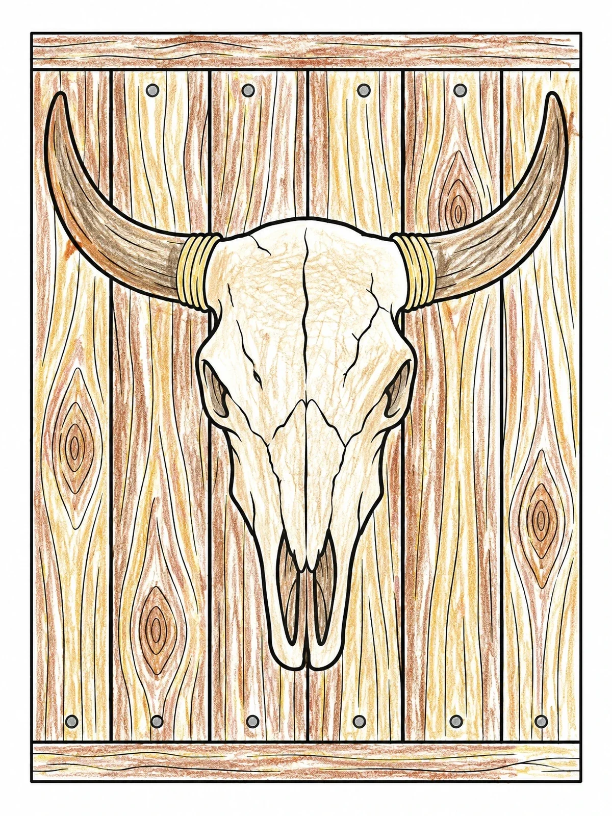 Colored example of the Mounted Bull Skull On Wood Planks coloring page