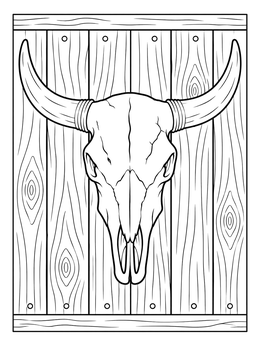 A rustic bull skull mounted on vertical wood panels in this bull coloring page.
