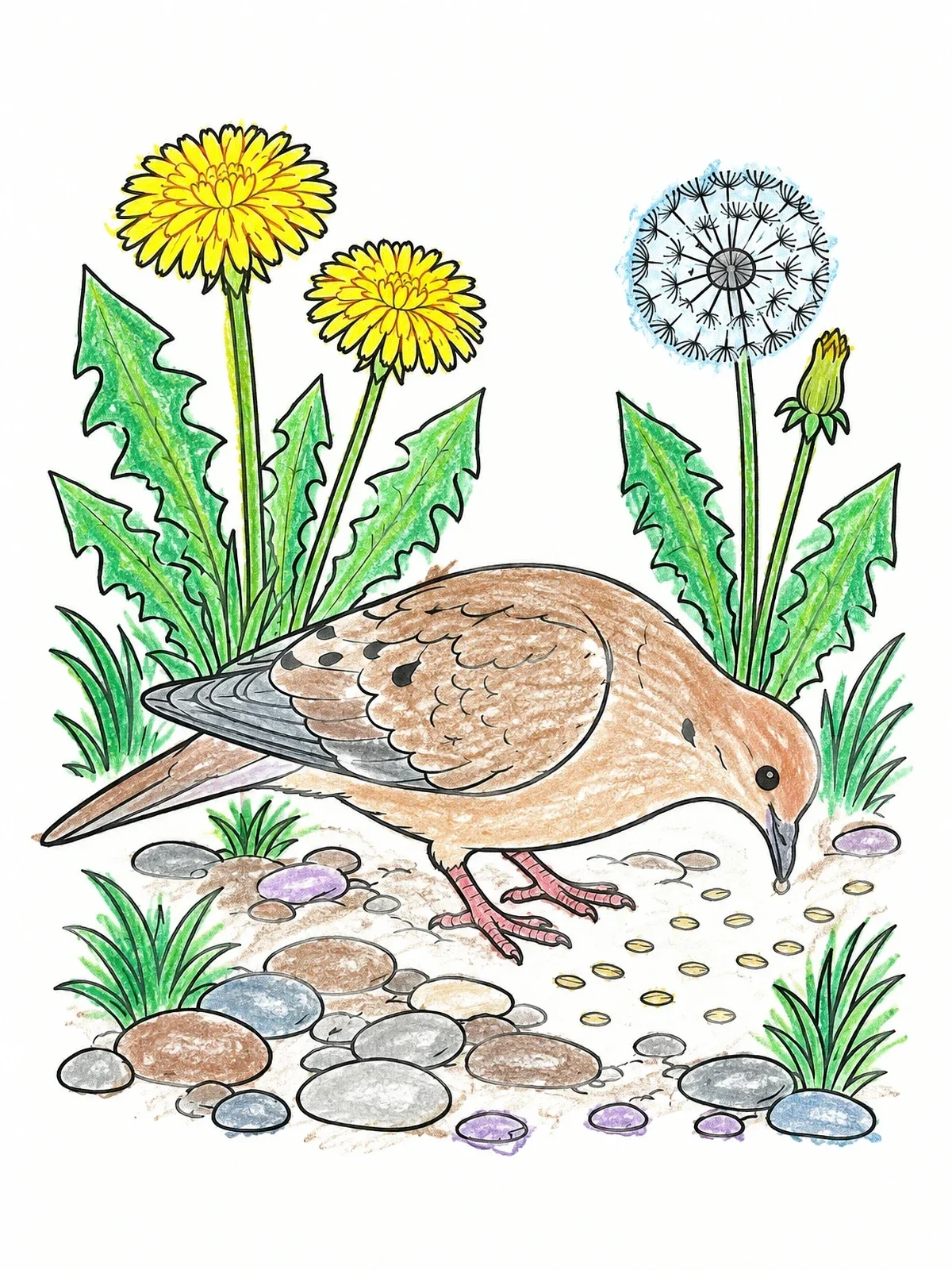 Colored example of the Mourning Dove Foraging By Dandelions coloring page