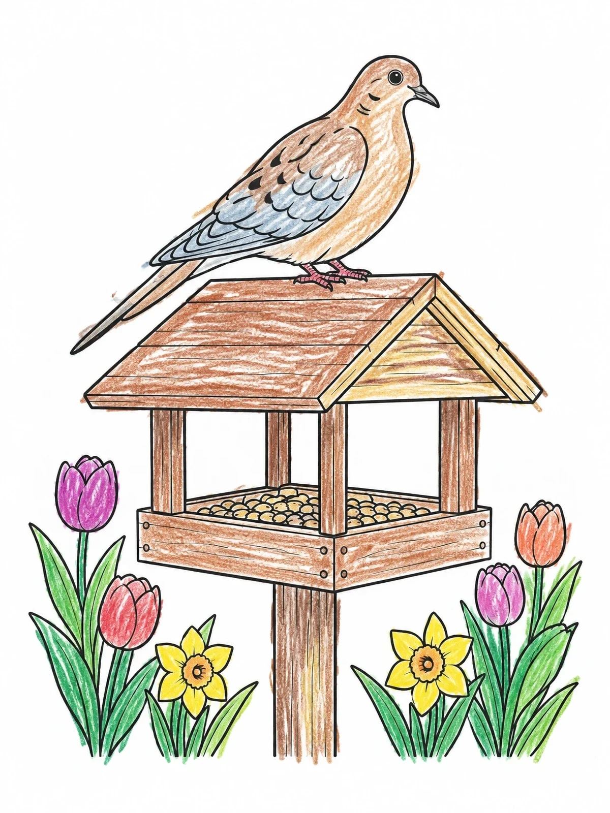 Colored example of the Mourning Dove On A Bird Feeder coloring page