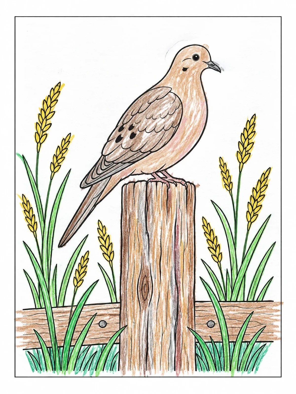 Colored example of the Mourning Dove On Wooden Fence Post coloring page