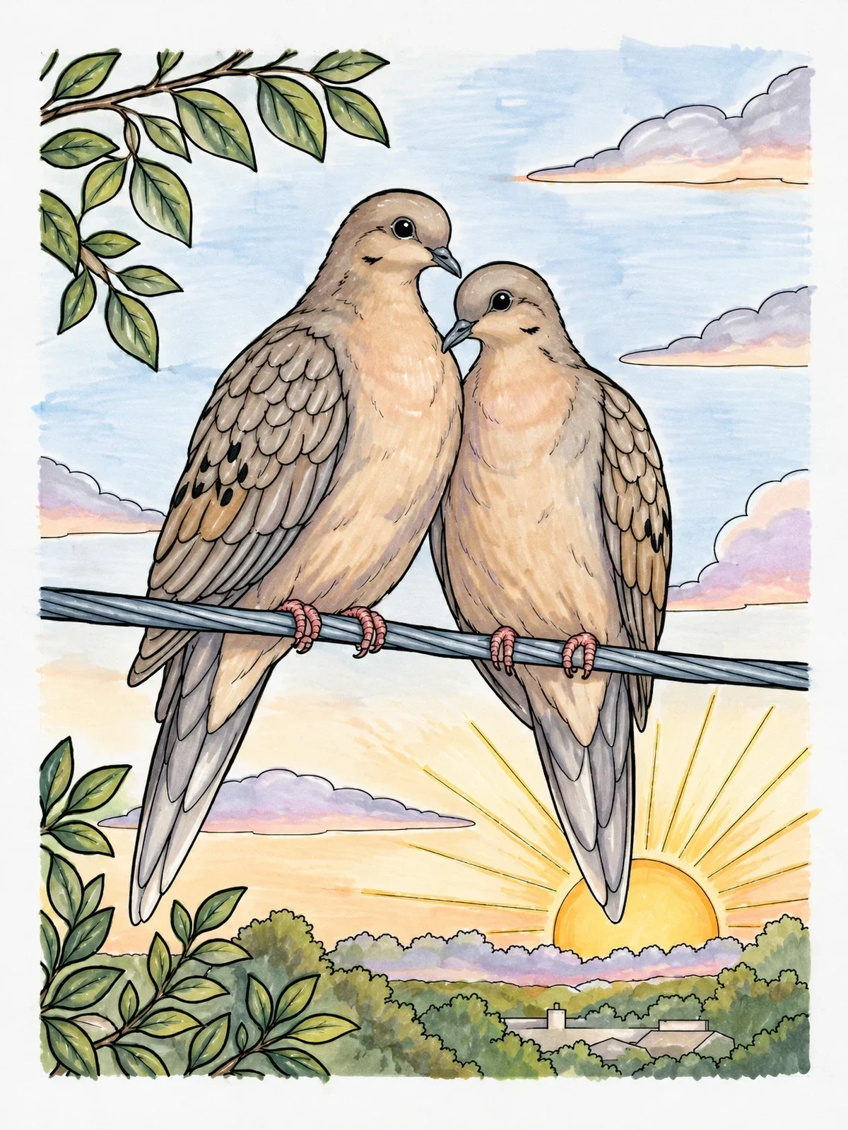 Colored example of the Mourning Doves At Sunrise coloring page