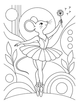 A graceful mouse ballerina coloring page showing a dancer en pointe holding a tiny dandelion wand.