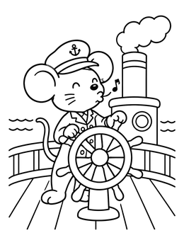 Free printable Mouse Captain On Steamboat Deck coloring page