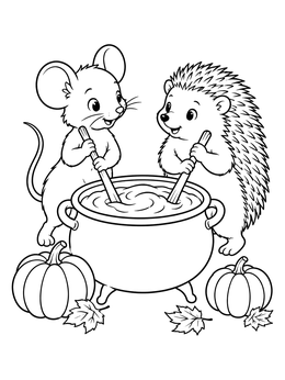 A mouse and hedgehog cooking together in this pumpkin soup coloring page.