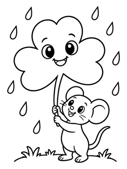 A sweet little mouse holds a clover leaf in the rain on this shamrock coloring page.