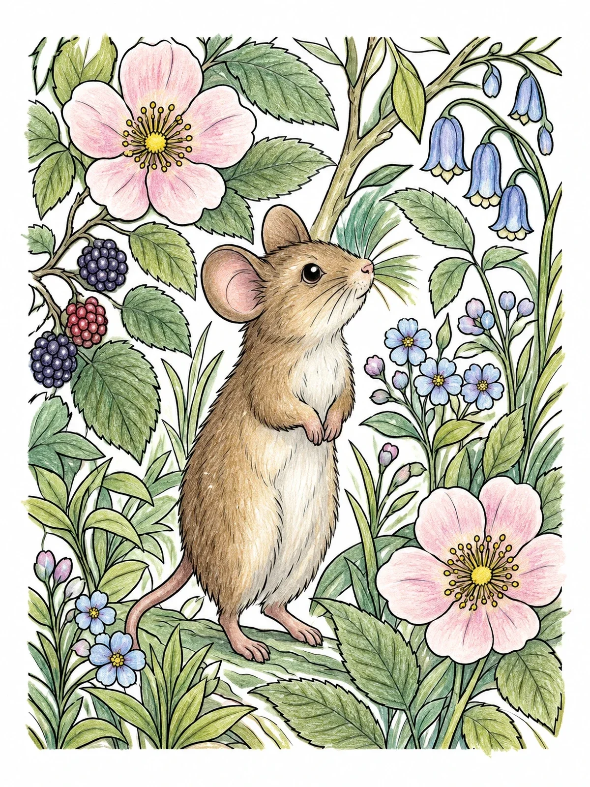 Colored example of the Little Mouse Among Wildflowers coloring page