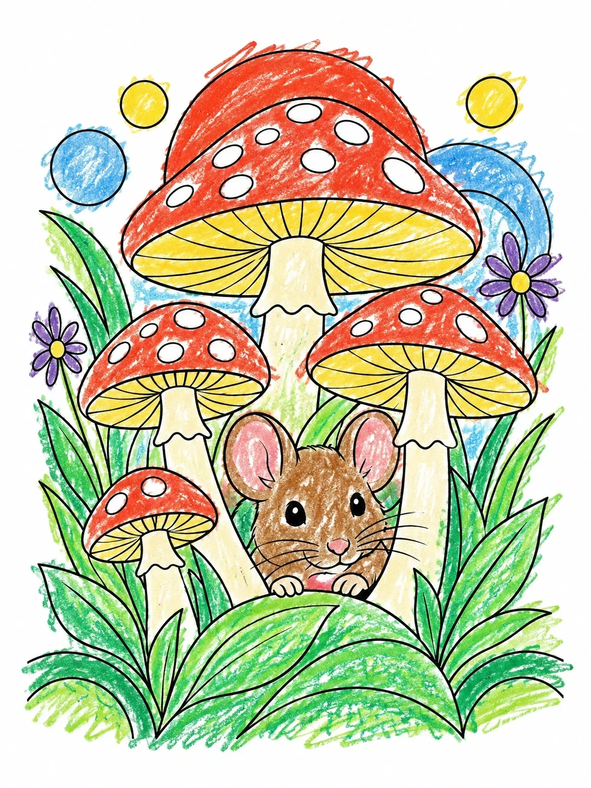 Colored example of the Little Mouse Under Meadow Mushrooms coloring page