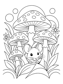Free printable Little Mouse Under Meadow Mushrooms coloring page
