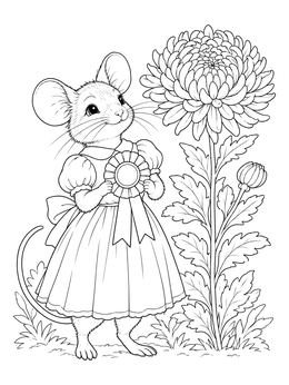 A cute mouse in a dress holds an award on this chrysanthemum coloring page.