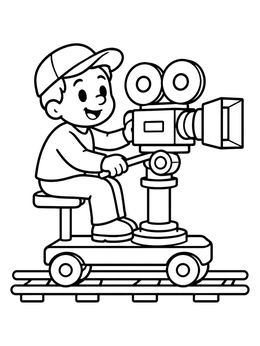 A cheerful boy films on a dolly in this movie camera coloring page.