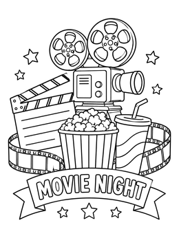 A vintage projector, popcorn, drink, and clapperboard on this movie night coloring page.