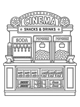 A vintage cinema concession stand in this movie night coloring page.