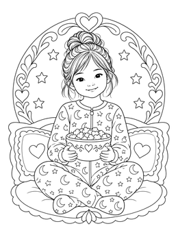 A smiling young girl in patterned pajamas holds popcorn in this movie night coloring page.