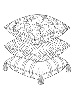 A trio of patterned cushions in this cozy movie night coloring page.