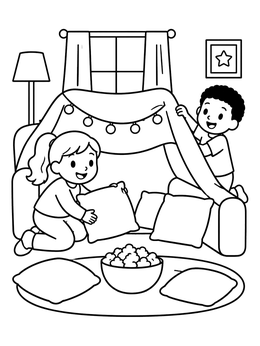 Free printable Kids Building A Blanket Fort coloring page