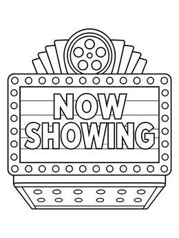 Vintage movie night coloring page featuring a retro marquee sign with the words Now Showing.