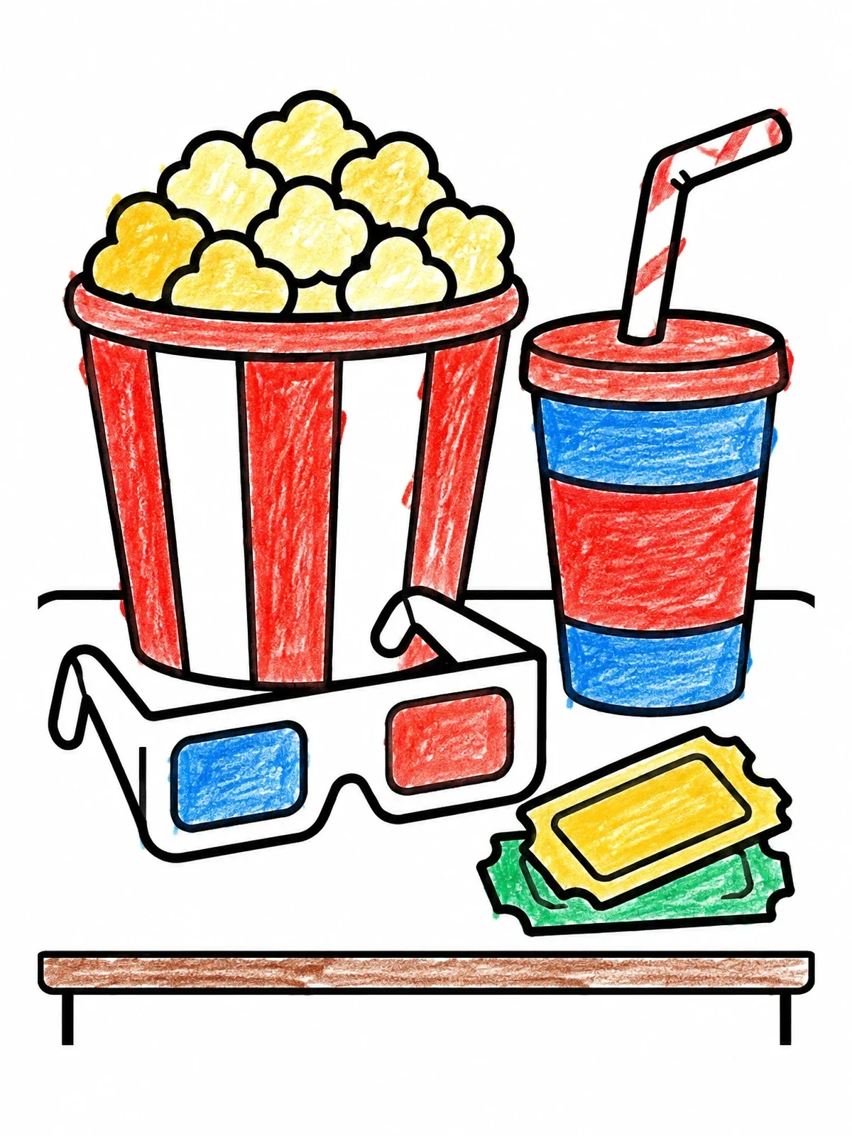 Colored example of the Movie Snacks With Popcorn And Soda coloring page