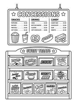 Free printable Movie Theater Concession Stand Menu And Candy Display coloring page