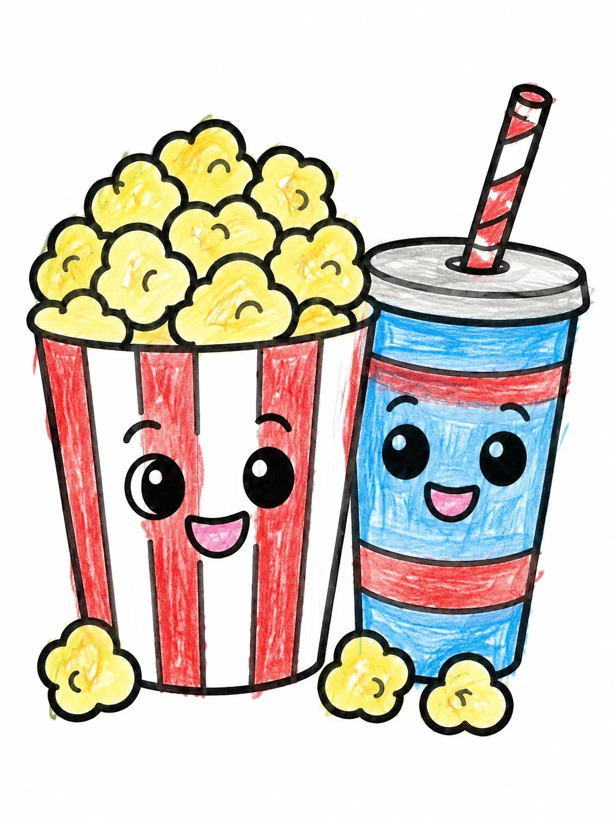 Colored example of the Cute Popcorn And Soda Friends coloring page