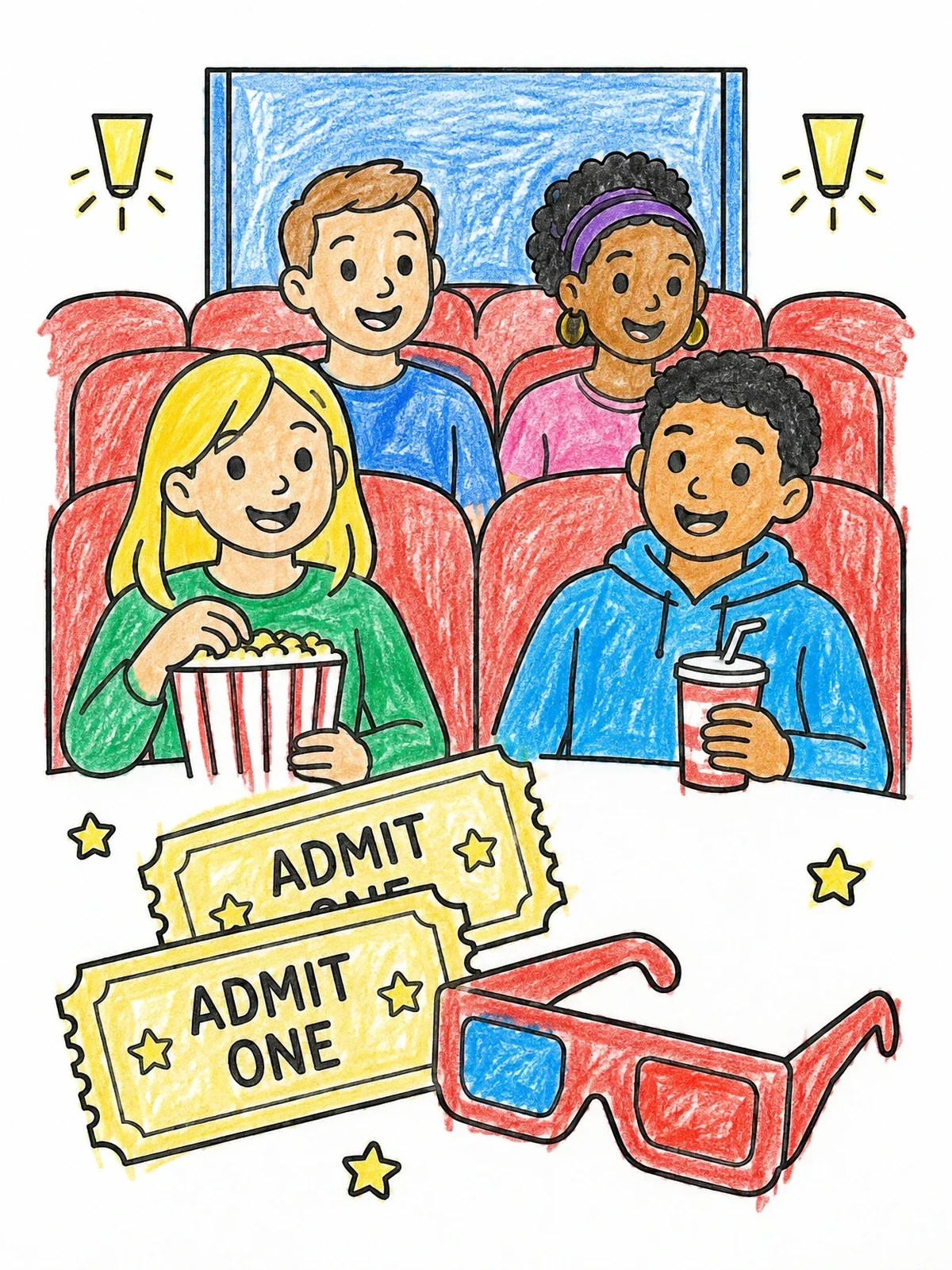 Colored example of the Friends Watching Cinema With Tickets coloring page