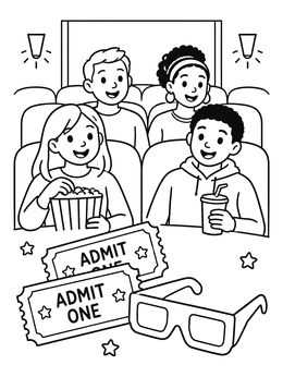 Free printable Friends Watching Cinema With Tickets coloring page