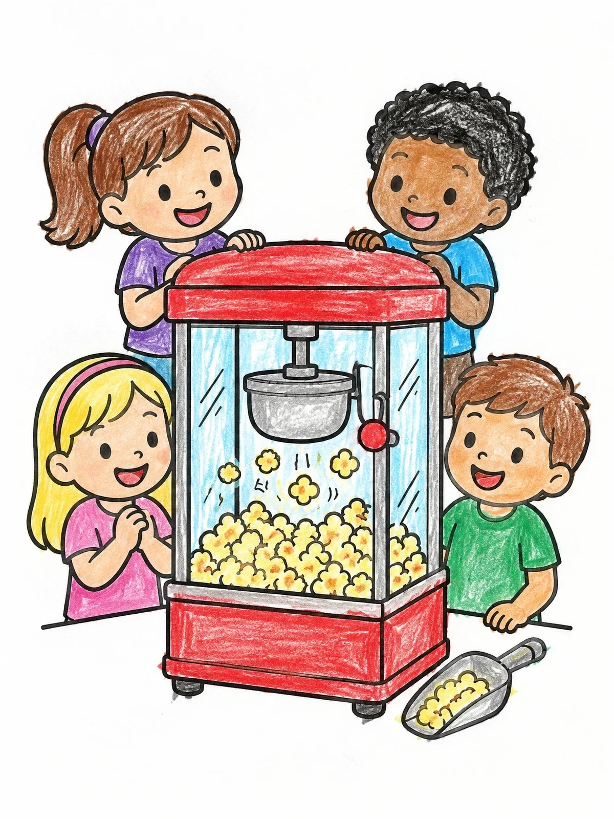 Colored example of the Kids Watching Popcorn Machine coloring page