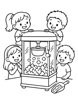 Free printable Kids Watching Popcorn Machine coloring page