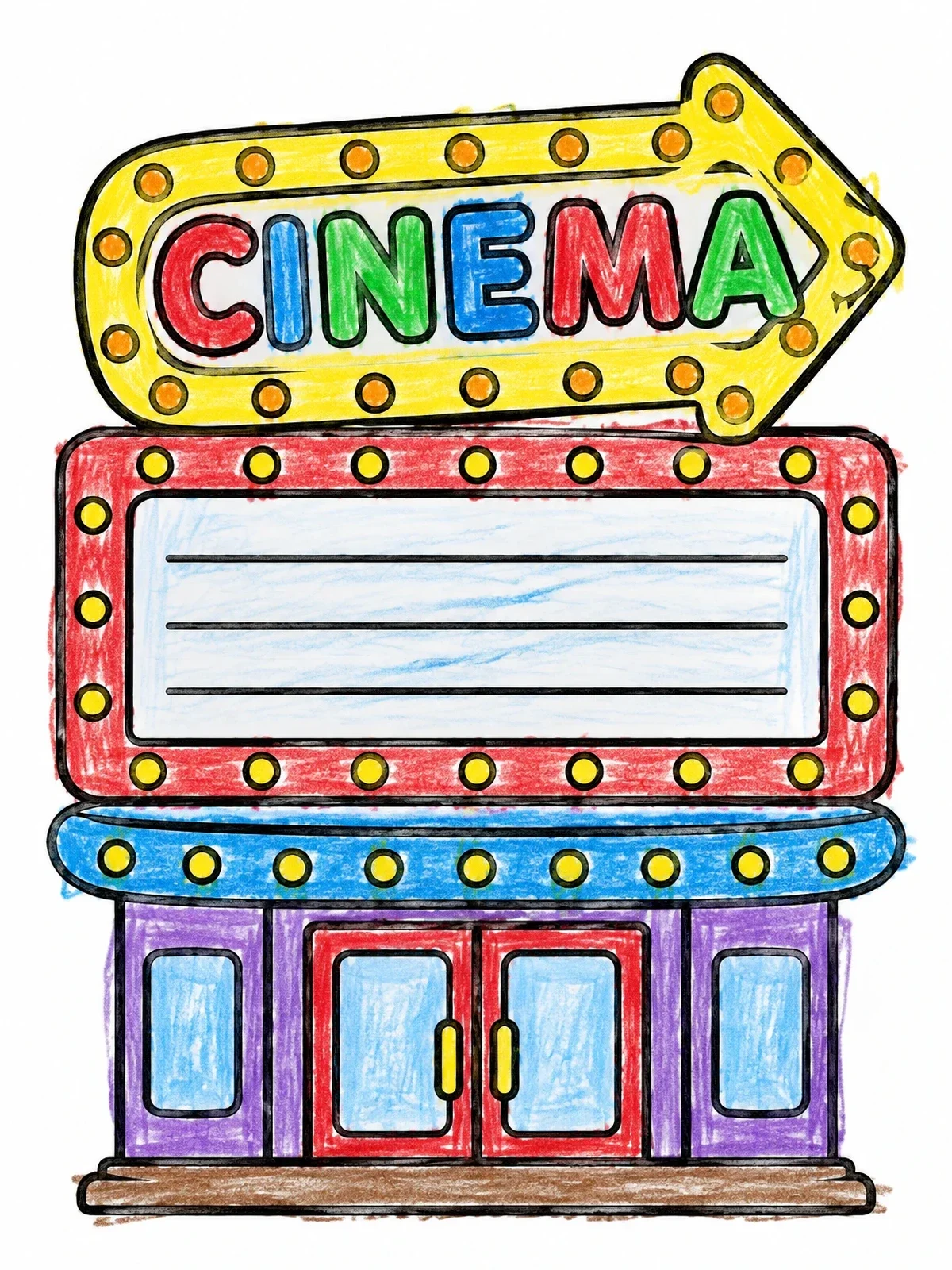 Colored example of the Retro Cinema Marquee Sign coloring page