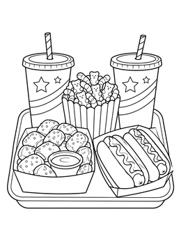 A tray of hot dogs, pretzel bites, gummy bears, and drinks in a movie night coloring page.